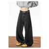 Men Black Structured Split Curved Blade American Retro Loose Straight Long Denim Jeans