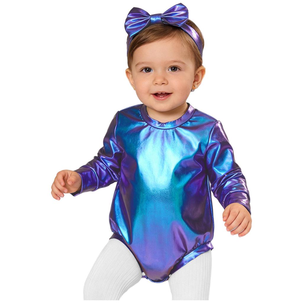 Tuta Fotografica per Compleanno Bambina Piccola: Completo Metallico Lucido a Maniche Lunghe con Bottoni a Pressione Facili e Set Fascia con Fiocco