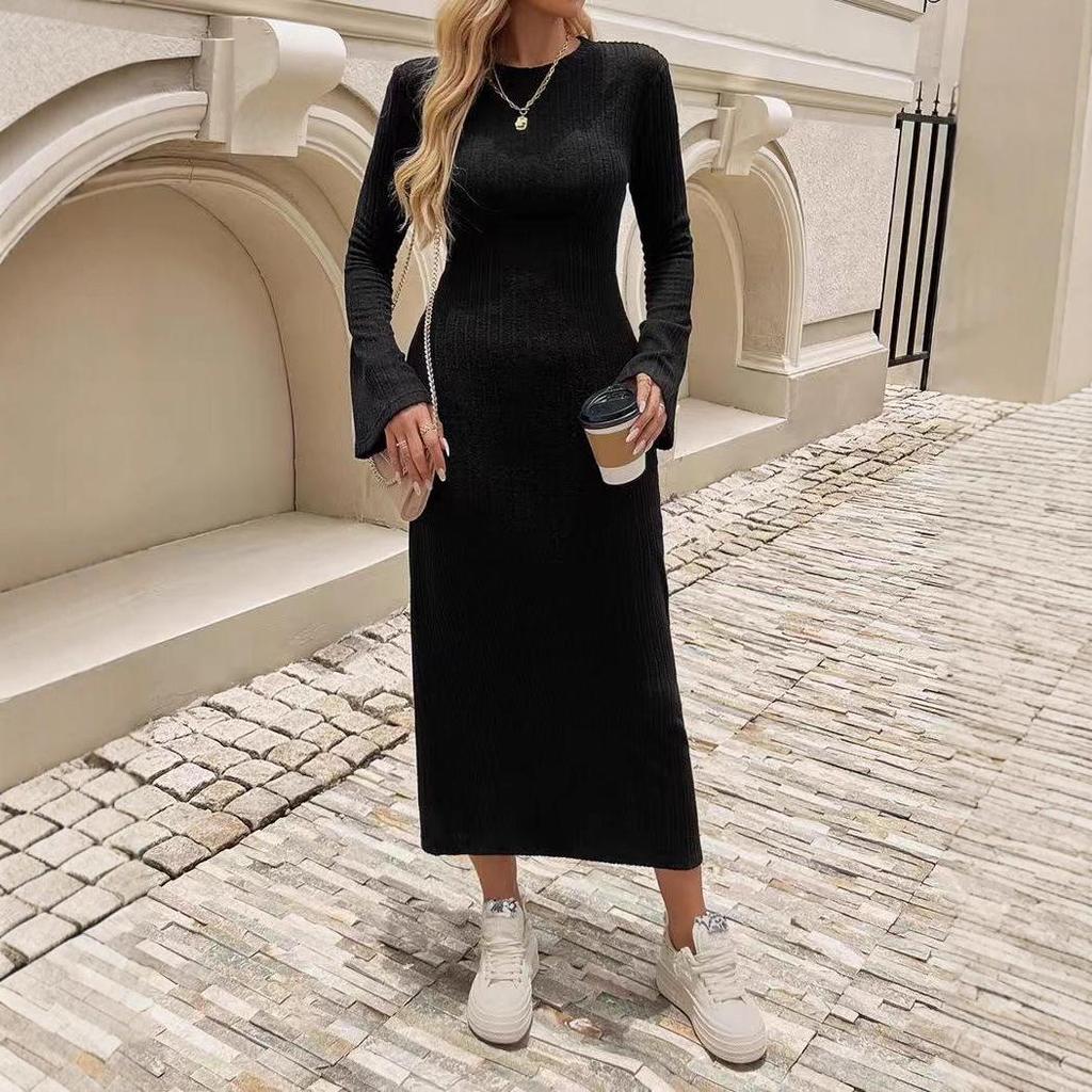 2025 Herbst/Winter Flares Ärmel Schmale Passform Rundhals Strickkleid