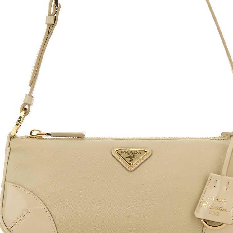 Prada Re-Nylon 2002 Enamel Metal Triangle Logo Zipper Closure Recycled Nylon And Glossy Leather Tote Shoulder Bag Women Bags Beige 1BC201_R789_F0F24
