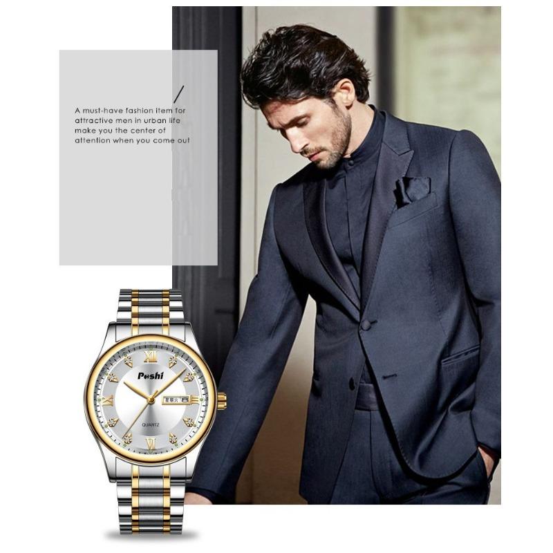 POSHI Men's Electronic Quartz Watch Waterproof Luminous Double Calendar Large Dial Stainless Steel Men's Watch