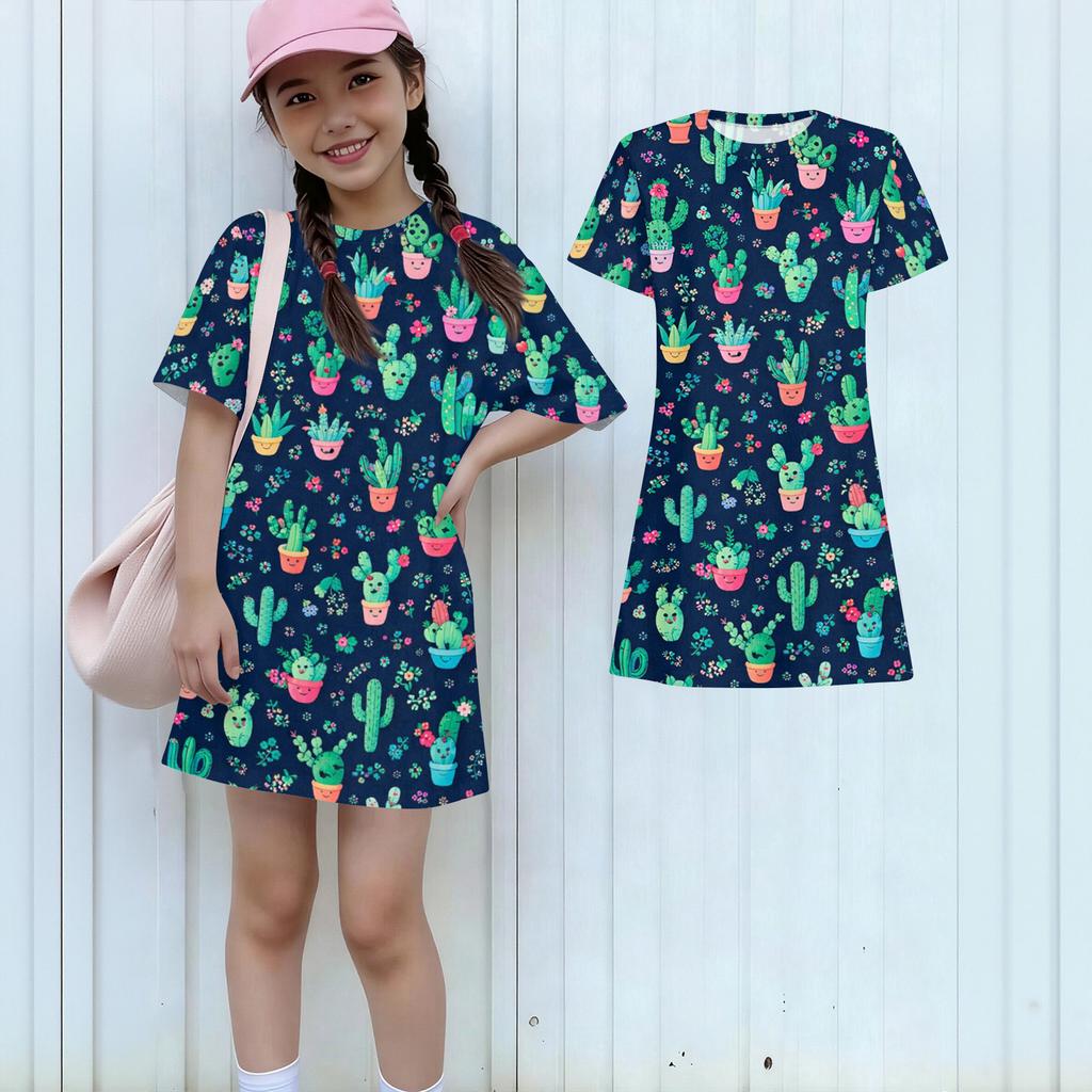 Girls Print Casual Dress Kids Loose Round Neck Short Sleeve Thin Sundress