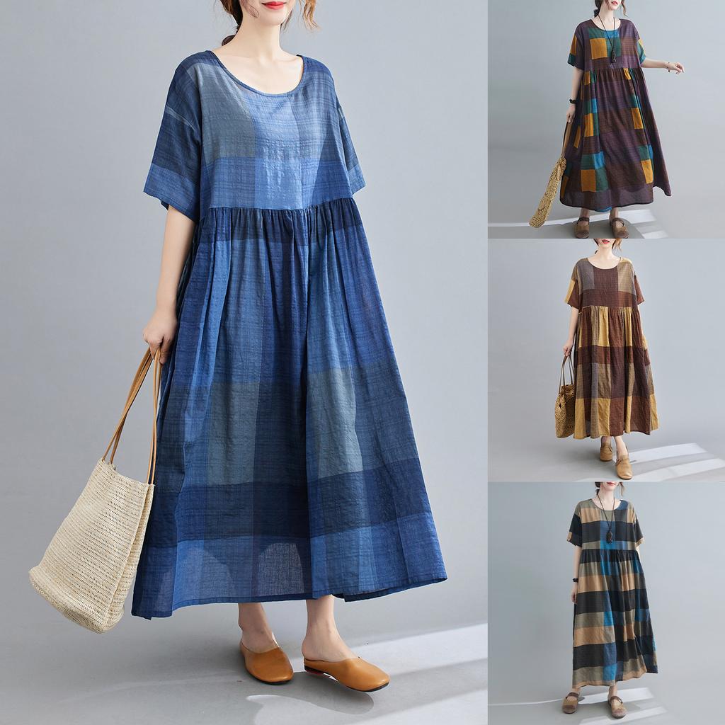 Women Cotton and Linen Dress Vintage Plaid Print O Neck Half Sleeves Side Pockets Robes Casual