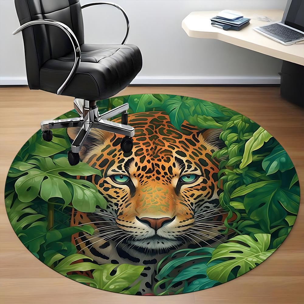 1pc Jungle Leopard Print Chair Carpet for Office, Round Polyester Mat, Indoor Decor for Office, Easycare Fabric, Washable Non-slip Area Carpet