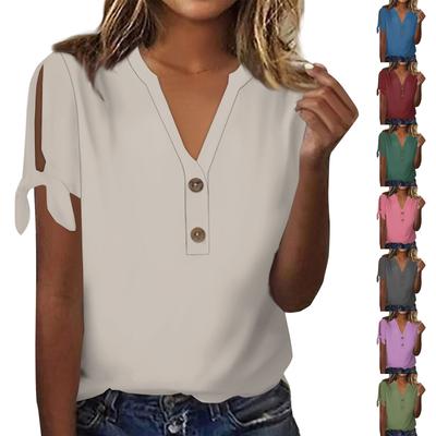Camiseta de manga corta con cuello en V y lazo de color liso con botones para mujer de verano