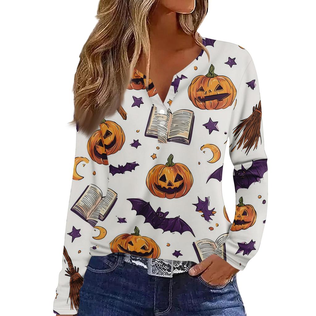 Women's Long Sleeve V-Neck T-Shirt with Button and Halloween Print Casual Top