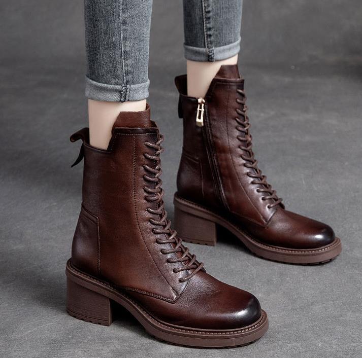 Fashion 2025 Handmade Retro High Heel Boots Women Autumn Winter Full Cow Leather Round Toe Zipper Trend Warm Mid-Calf Boots Female
