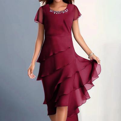 Women Elegant Dress O-Neck Beaded Decor Short Sleeve Midi Dress Layered Cake Hem Flowy Dress Party Wedding Guest Dress