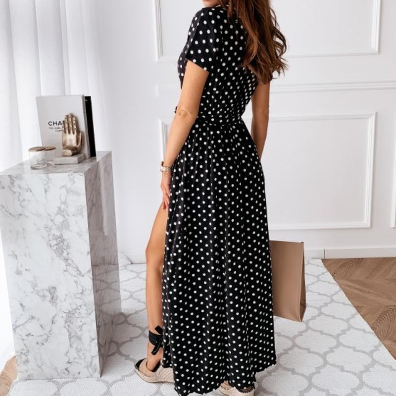 Sommerkleid mit kurzen Ärmeln und V-Ausschnitt, Bohemian-Stil, gepunktetem Muster, langes Kleid