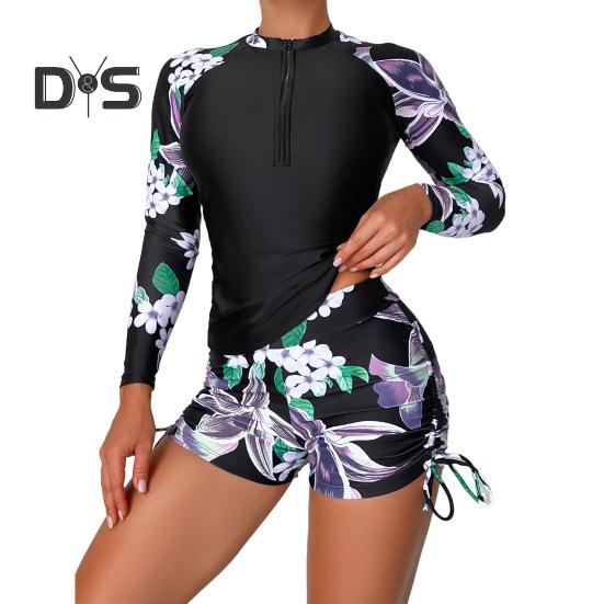 

2 шт./компл. женский купальник, пляжный топ, шорты, комплект с круглым вырезом, застежка-молния, консервативный, узкий, быстросохнущий, мягкий, с цветочным принтом, женский купальный костюм для серфинга L черный белый