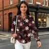Women's Casual Button Long Sleeve Christmas Print Collared Top with Side Slits at Hem