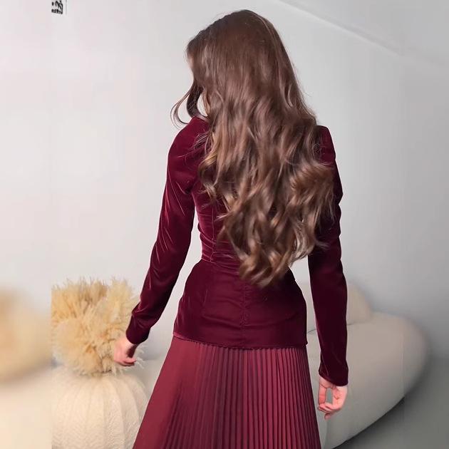 European & American Women's Sexy Long-Sleeve Slim Fit Pleated Patchwork Dress
