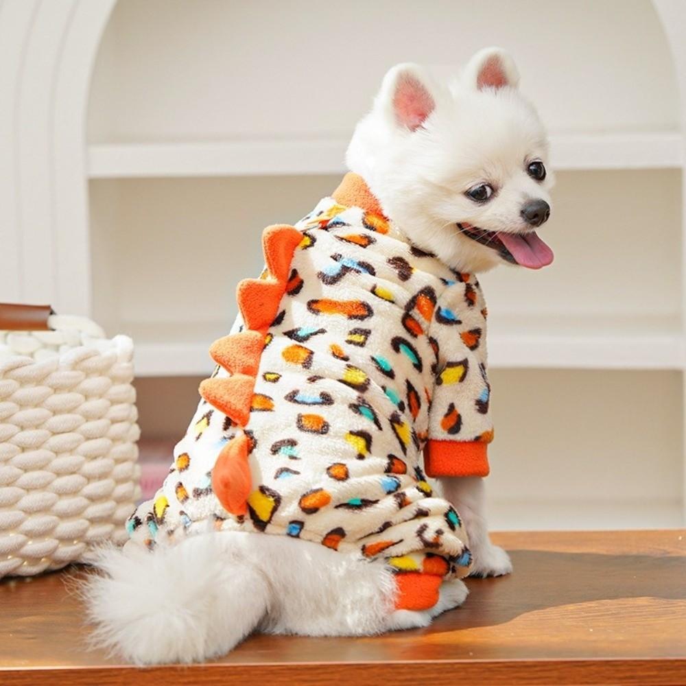 Thickened Leopard Print Dinosaur Dog Jumpsuit with D-Ring Dog Towing Suit Dog Coat  Outdoor Wear