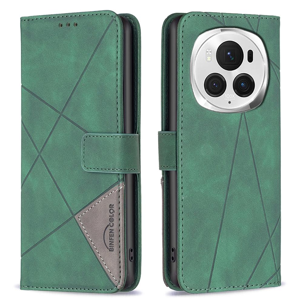 

BINFEN COLOR For Honor Magic6 Pro 5G Phone Cases Wallet Stand Geometry Imprinted Leather Cover Green