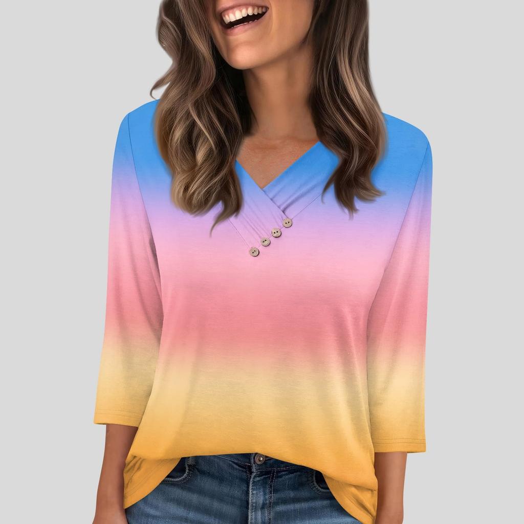 Damen T-Shirt Tee Knopf 3/4 Ärmel Tunika Täglich Wochenende Mode Basic V-Ausschnitt Reguläres Oberteil