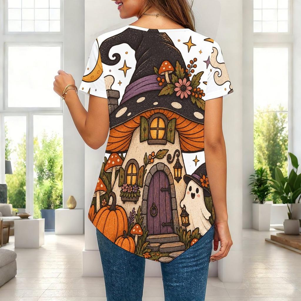 Womens Plus Size Short Sleeve Top Western Cowboy Skeleton Pumpkin Floral Print Irregular Pointed Hem Casual Blouse