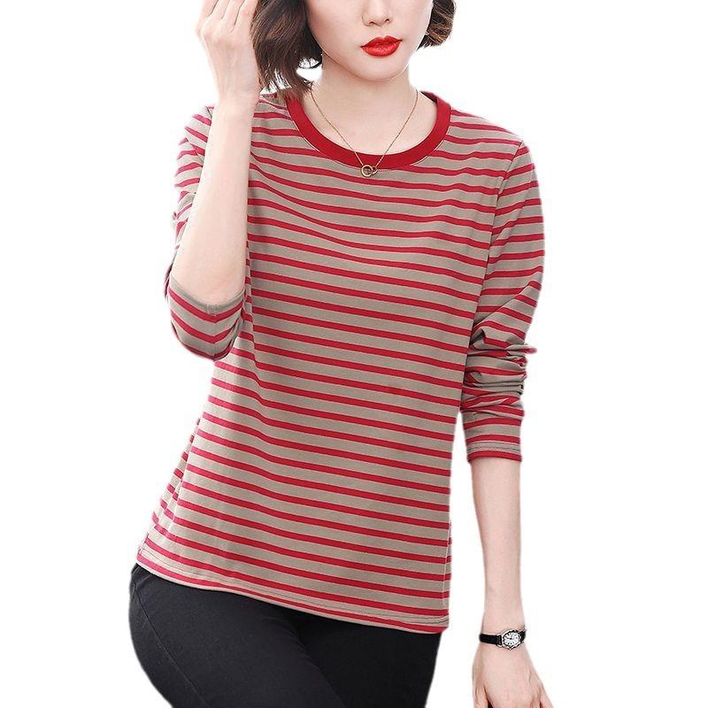 Women S Plus Size Long Sleeve Striped T Shirt Korean Style Base Layer