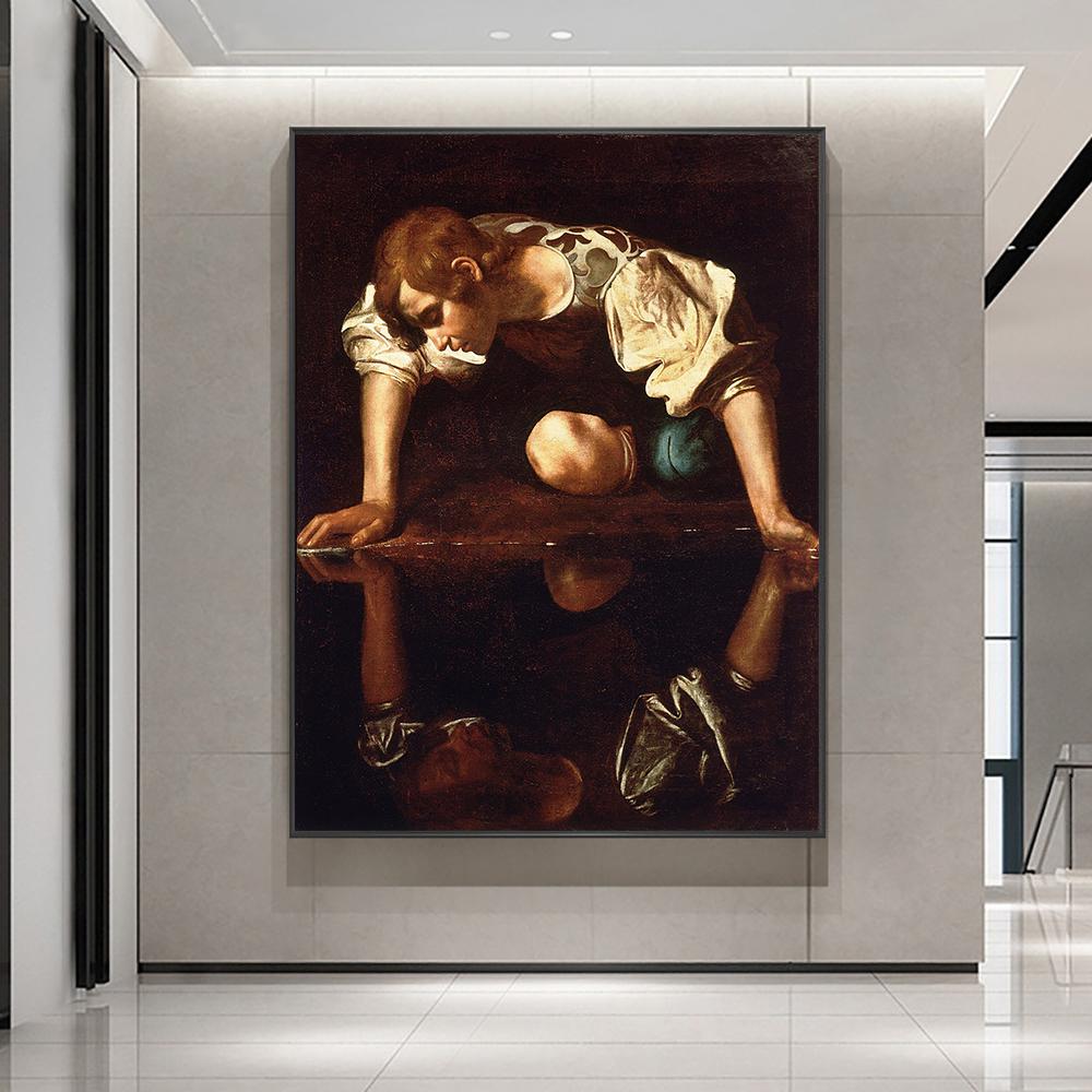 Caravaggio Narcissus Painting Canvas Print Wall Vintage Art Poster Inverted Image Picture for Living Room Home Decor Cuadros