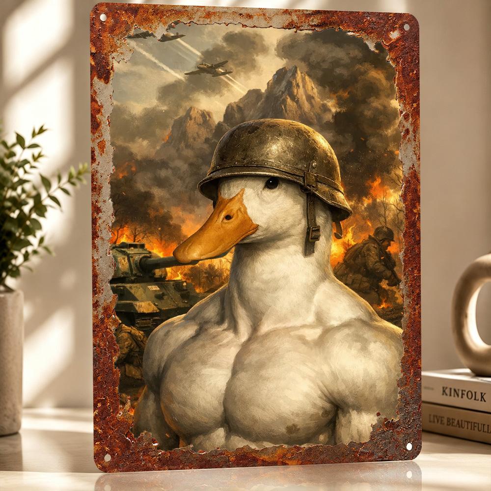 Muscular Duck Soldier In War Scene Personalized D Textured Metal Poster Wall Art Tinplate Sign for Luxury Decoration Home Room