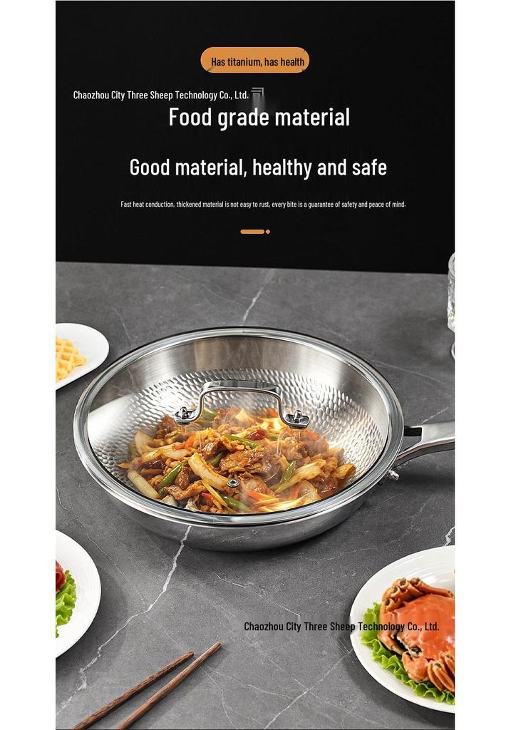 Titanium Dragon Scale Hammer Pattern Flat Bottom Wok with Square Handle, No Coating, Less Oil Smoke, Stainless Steel Steak Frying Pan.