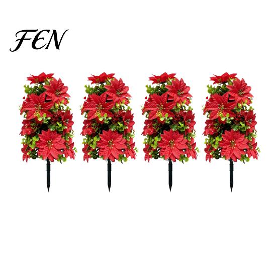 Winter Porch Decor 22" Artificial Poinsettia Flowers with Ground Spikes, Red Christmas Floral Stakes, Waterproof Stakes PVC Simulation Plants