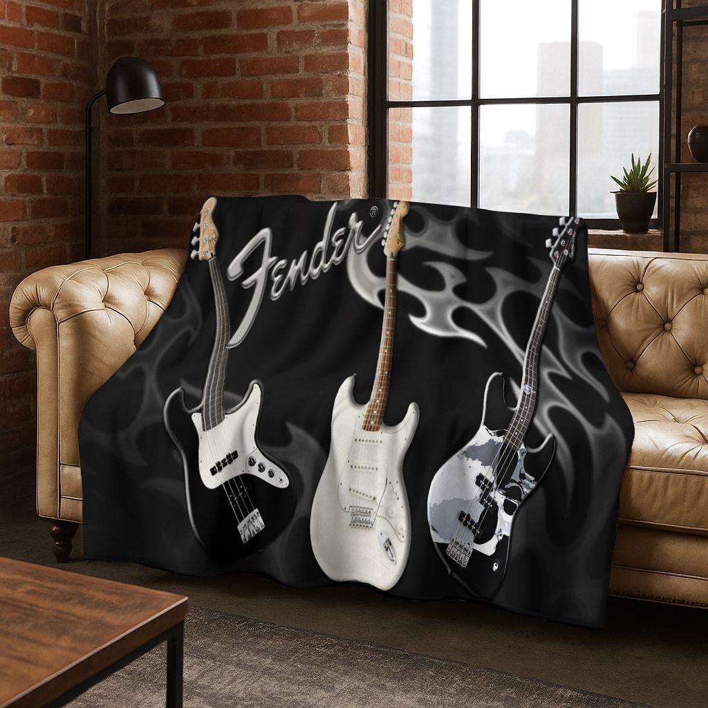 Fashion Fender Logo Guitar Music Instruments Art Flannel Blanket,Cozy Soft Throw Blanket for Home Bedroom Bed Sofa Cover Gift