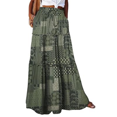 Women's Fashion Bohemian Print Elastic Waist Skirt Loose Casual High Waist Tie Long Skirt