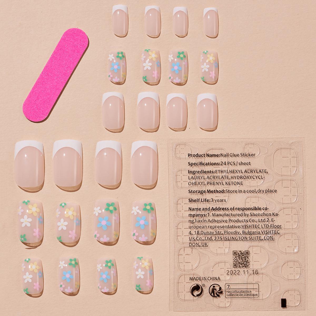 

Белые французские типсы для ногтей с цветочным дизайном и клейкой основой