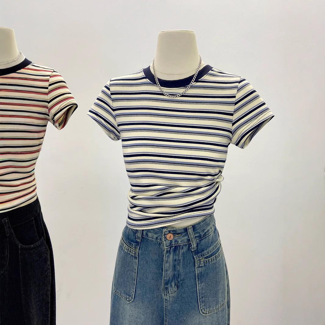 

Women s Retro Striped Long Sleeve Slimming T-Shirt - Round Neck, Color Block, Warm Base Layer for Spring, Autumn, Winter Medium