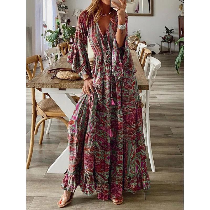 Women s V-Neck Flutter Sleeve Floral Print High Waist Maxi Dress Bohemian Beach Vacation S красный