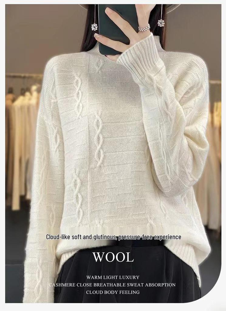 Women's High Neck Wool Sweater - Thick, Loose Knit Top for Autumn/Winter