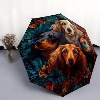 0106 Mönster med hund och löv, automatiskt paraply, bärbar och hopfällbar design, 8 revben, en jul- eller födelsedagspresent.