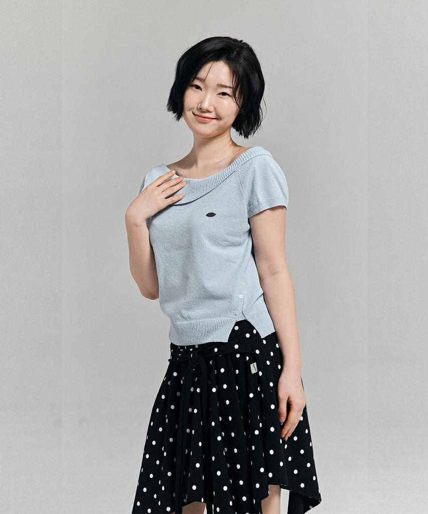 AWESOME STUDIO Asymmetrical Collar Off-Shoulder Knit Light Blue