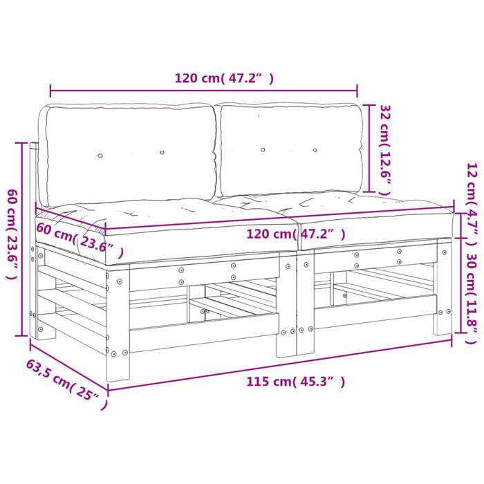 VidaXL Canapés centraux avec coussins 2 pcs gris bois de pin massif, canapé de jardin, siège de jardin, siège d'extérieur, 825690