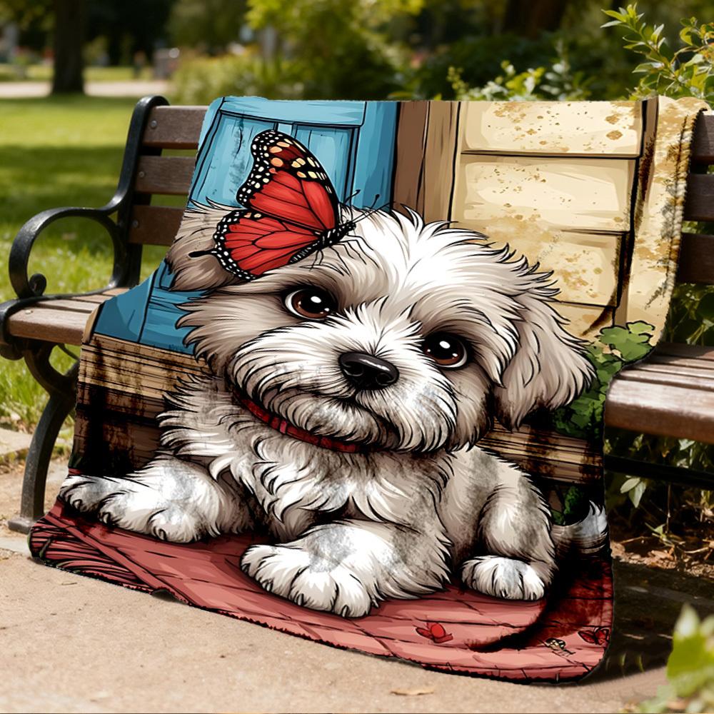 1pc Butterfly Doggie Outdoor Flannel Blanket , Machine Washable Perfect Gift for Birthday , Holiday Travel Accessory , Durable Material