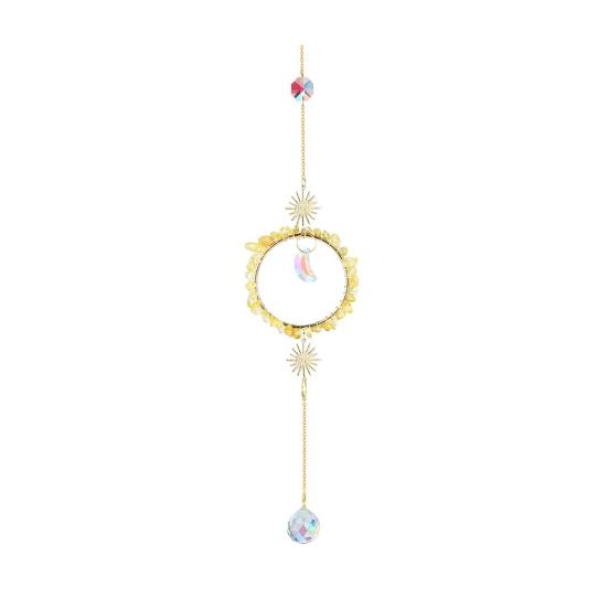 Citrine Crystal Sun Catcher, Natural Crystal Chips Filled Transparent Sphere, Metal Ring & Tassel Cords, Healing Light Catcher for Bedroom Patio B