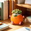 Cute Smiling Orange Succulents Planter, Realistic Orange Shaped Pot with Wooden Base, Kawaii Desktop Decor for Office Desk, Indoor Small Plant Pot