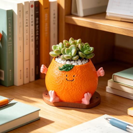 Cute Smiling Orange Succulents Planter, Realistic Orange Shaped Pot with Wooden Base, Kawaii Desktop Decor for Office Desk, Indoor Small Plant Pot