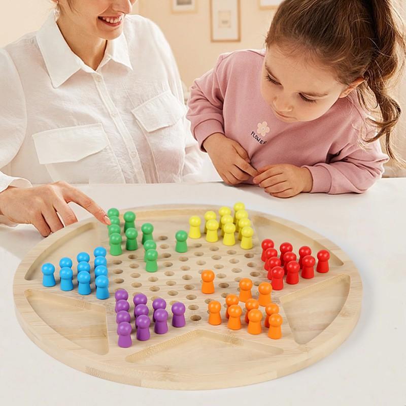 Jogo de Damas de Madeira de Dupla Função Jogo de Damas Chinês para Crianças de 4 a 6 Anos Brinquedo Educacional de Tabuleiro de Estratégia para Jogar em Família