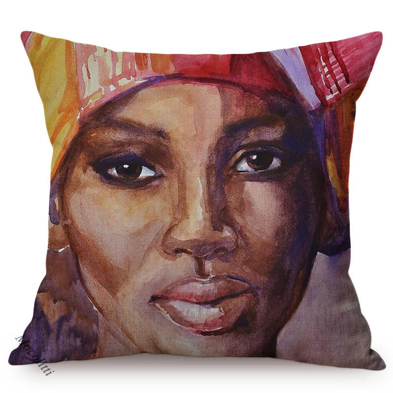 African Black Woman Portrait Oil Painting Sofa Decoration Pillow Case Africa Girl Lady Style Cotton Linen Cushion Cover