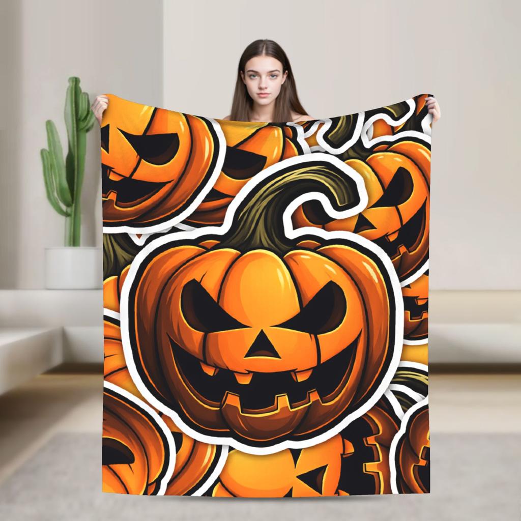 Halloween Silhouette Pumpkin Ghost Bat Witch Hat Seamless Pattern Orange Background Cozy Blanket Throws Picnic Flannel Bedspread