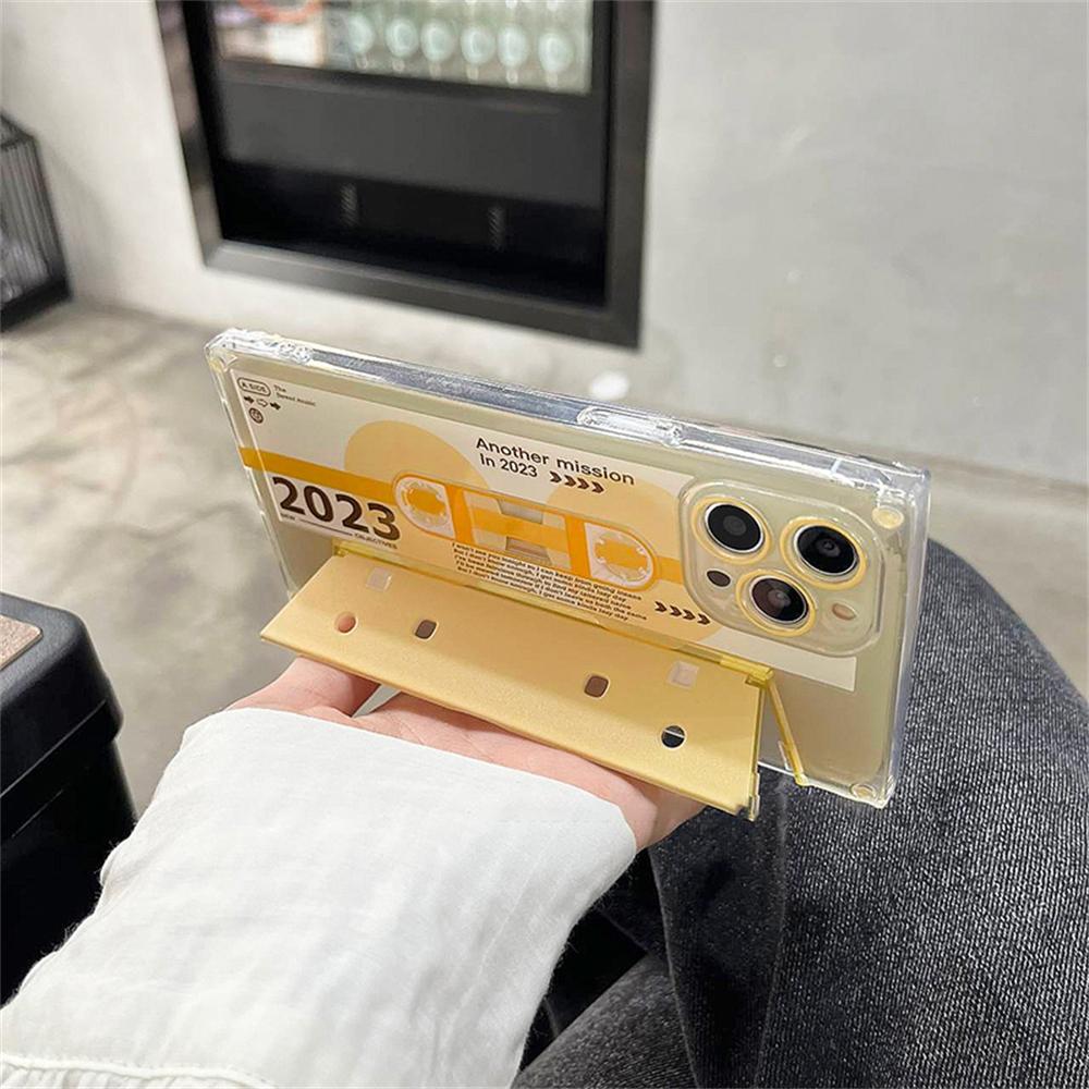 Luxury Retro 3d Tape Bracket Square Phone Case For Iphone 14 13 12 Pro Max 11 Stylish Kickstand Shockproof Soft Back Cover Funda