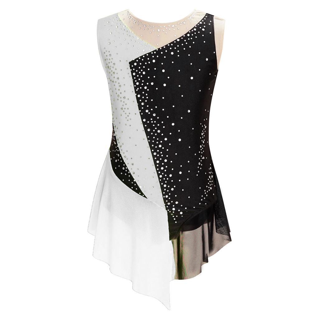 Girls Modern Lyrical Dance Dress High-Low Tulle Split Rhinestone Ballet Gymnastics Leotards Figure Skating Performance Costume