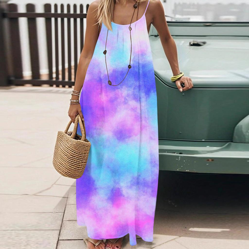 Dámské Módní Ležérní Volné Šaty s Květinovým Potiskem a Úzkými Ramínky Bez Zad