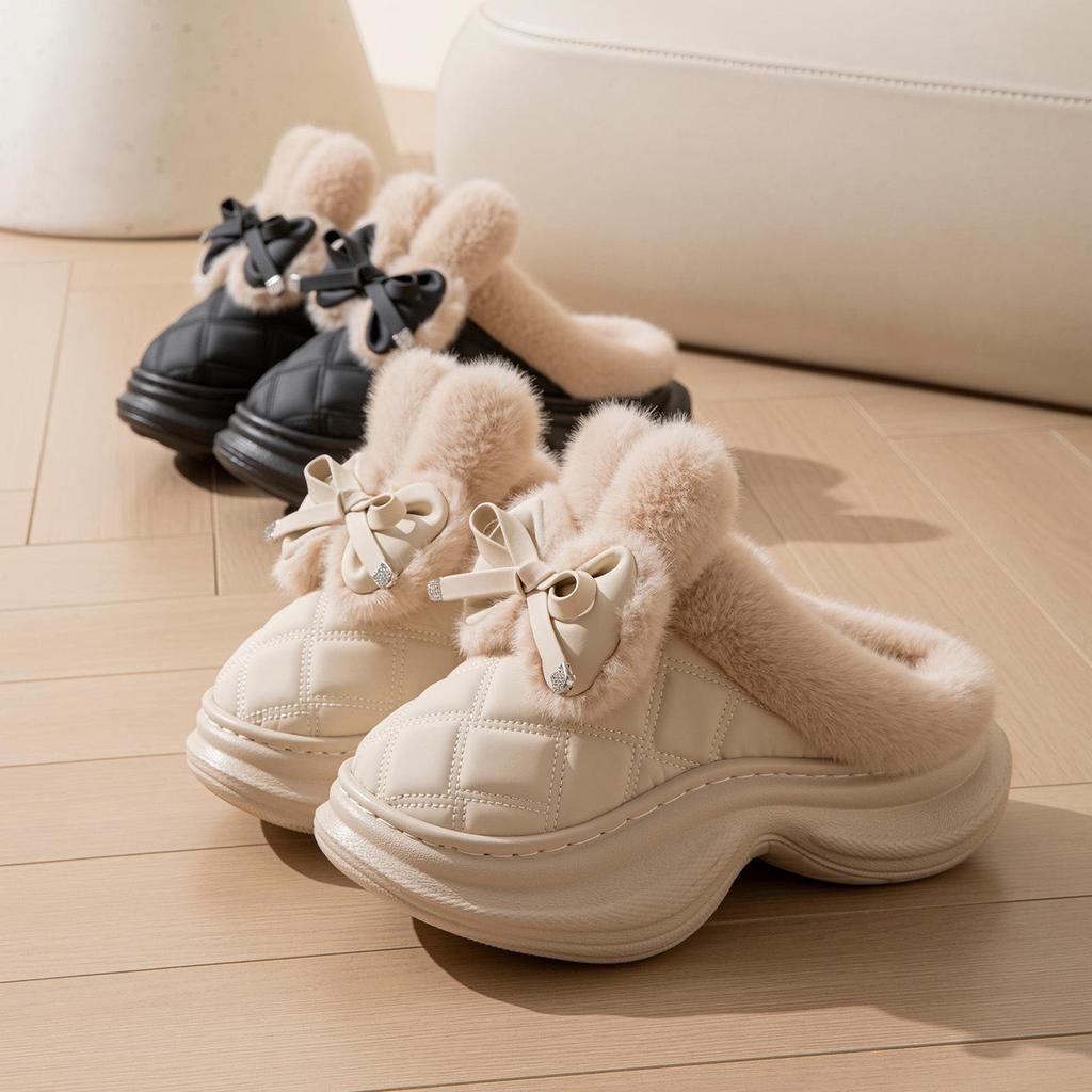 Damen 2025 Winter Schleife Baumwollpantoffeln: Rutschfest, Dicke Sohle, Warmes Plüsch für den Außenbereich