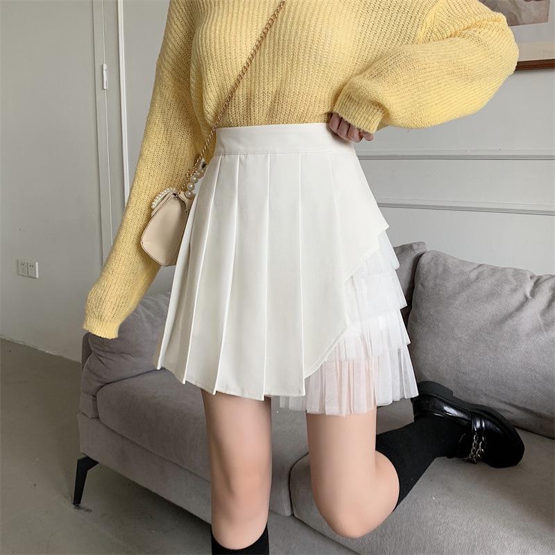 

Plus Size MM Pleated A-Line Skirt - High Waist, Spring Patchwork Mesh Design for Women Small белый