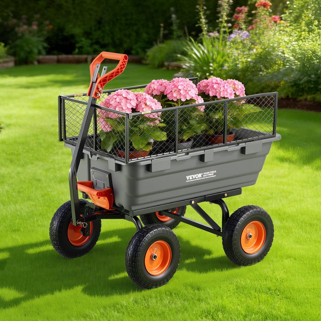 VEVOR Garden Dump Cart, 544 Kg Poly Dump Cart, Garden Carts Dumps Wagon with Storage Fence, 2-in-1 Convertible Handle