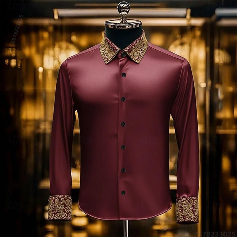 Camisa de Hombre de Manga Larga Estampada en 3D de Lujo, Camisa de Vestir Ajustada con Patrón Dorado Barroco, Camisa de Hombre para Banquetes de Negocios