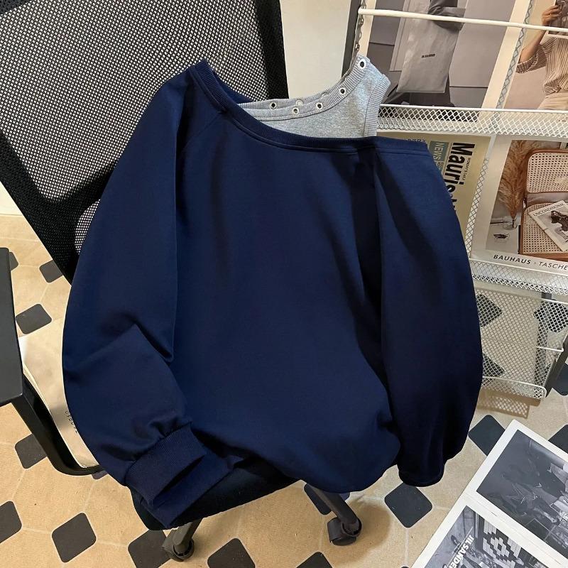 Sweatshirt for Women Cotton Oversize Faux Two-piece Loose Round Neck Casual Pullover Long Sleeve Winter Sweatshirt Top