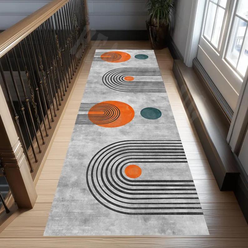 Gray Mid-Century Runner Rug Abstract Orange Circles Mid Century Colorful Corridor Hallway Carpet Non-Slip Runner Rug Carpet 40X120CM